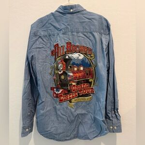 Disneyland Railroad Main Street USA All Aboard Grand Circle Tour Denim Button Up